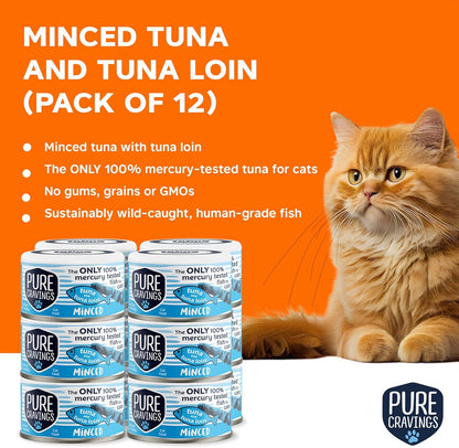 Pure Cravings Minced Tuna and Tuna Loin Wet Canned Cat Food, 100% Mercury-Tested, Moist Can Fish for Cats, Grain-Free, Protein, Non-GMO, 3oz, Pack of 12