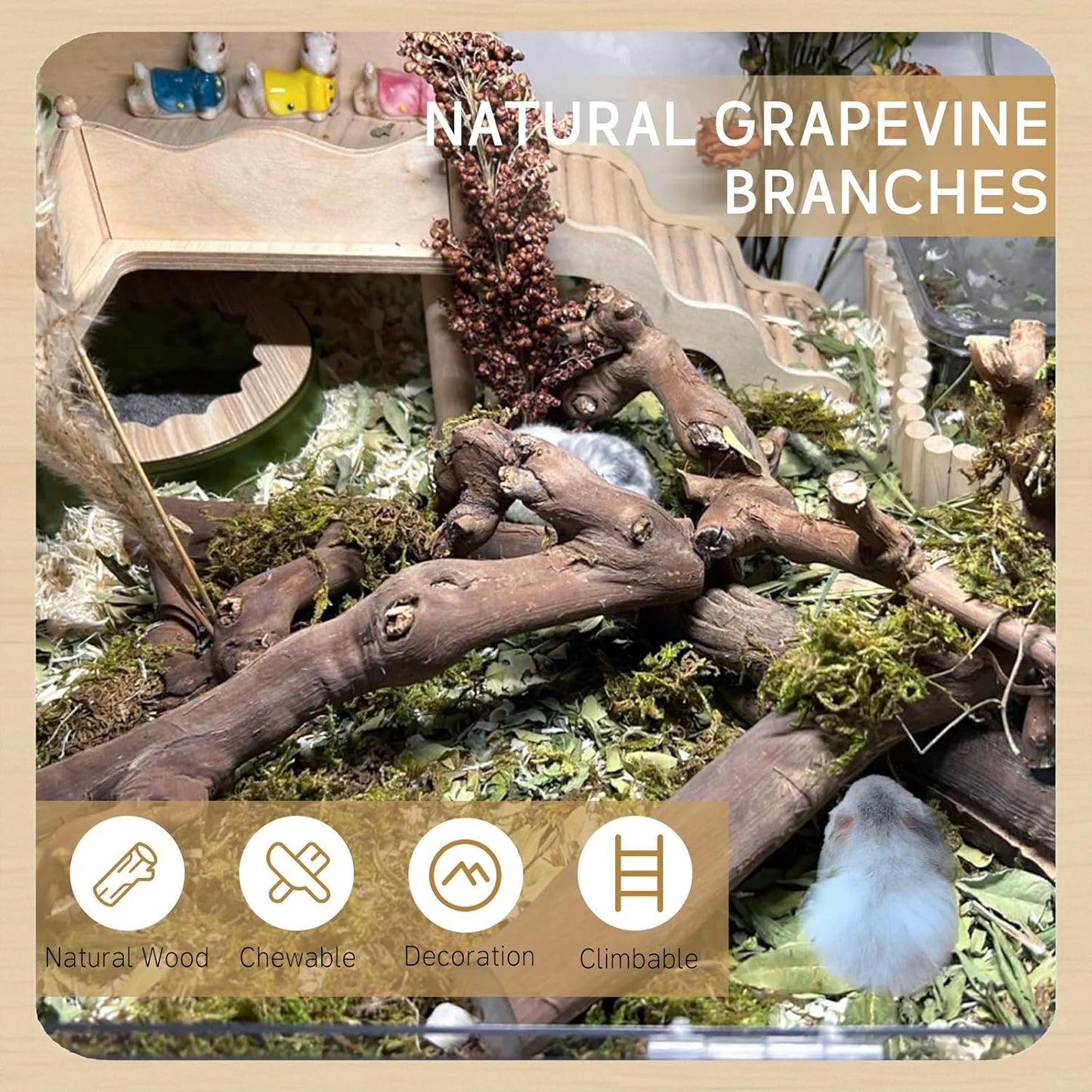 kathson 2PCS Wood Hamster Climbing Branches Decor, Natural Wooden Syrian Hamster Climb Chewing Toys, Rat Exercise Toys, Small Animal Habitat Decor Accessories for Dwarf Pets, Gerbils, Mice (7.8IN)