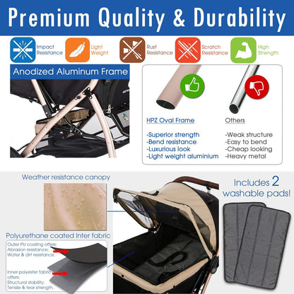 HPZ Pet Rover XL Extra-Long Premium Heavy Duty Dog/Cat/Pet Stroller Travel Carriage for Small, Medium, Large Pets (Taupe 2nd-Gen)