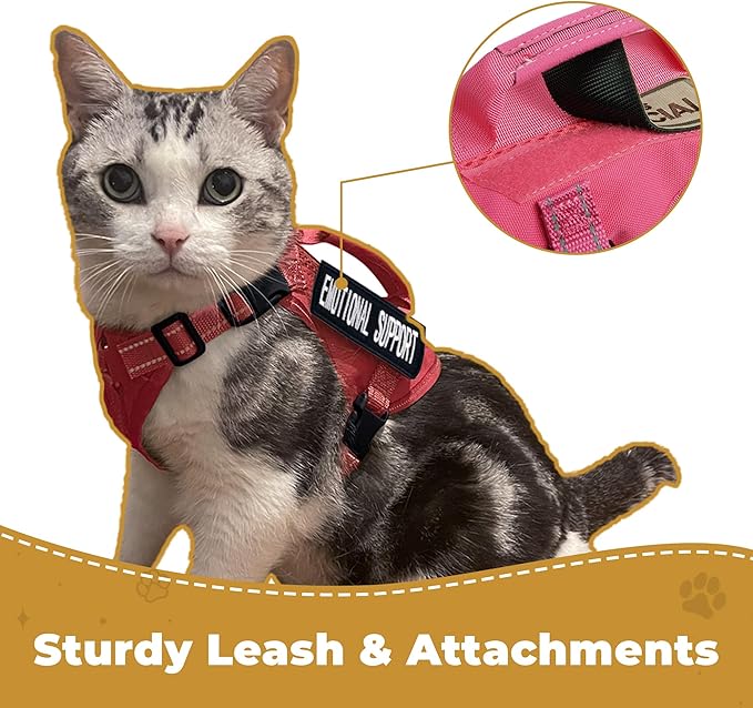Tactical Cat Harness Adjustable Soft Padded Training Walking Esacpe Cat Vest Harness No-Pull Pet Harness Reflective with Easy Control Handle (Pink, Leash-L)