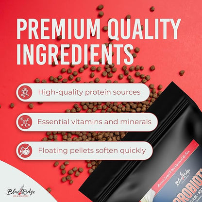 Blue Ridge Koi Fish Food 5lb - Koi Food 3/16” Probiotic Plus, Goldfish Food, Premium Fish Food for Ponds, Ponds Fish Food, Koi Food Fall and Winter Fish Food, Floating Pond Pellets