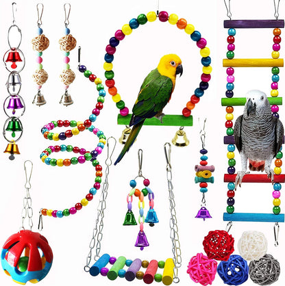 Hamiledyi Bird Parrot Swing Chewing Toy Set 15PCS Wooden Hanging Bell with Hammock Climbing Ladders Colorful Pet Birds Cage Toys for Small Parakeet Cockatiel Finches Conures Budgie Macaws Love Birds