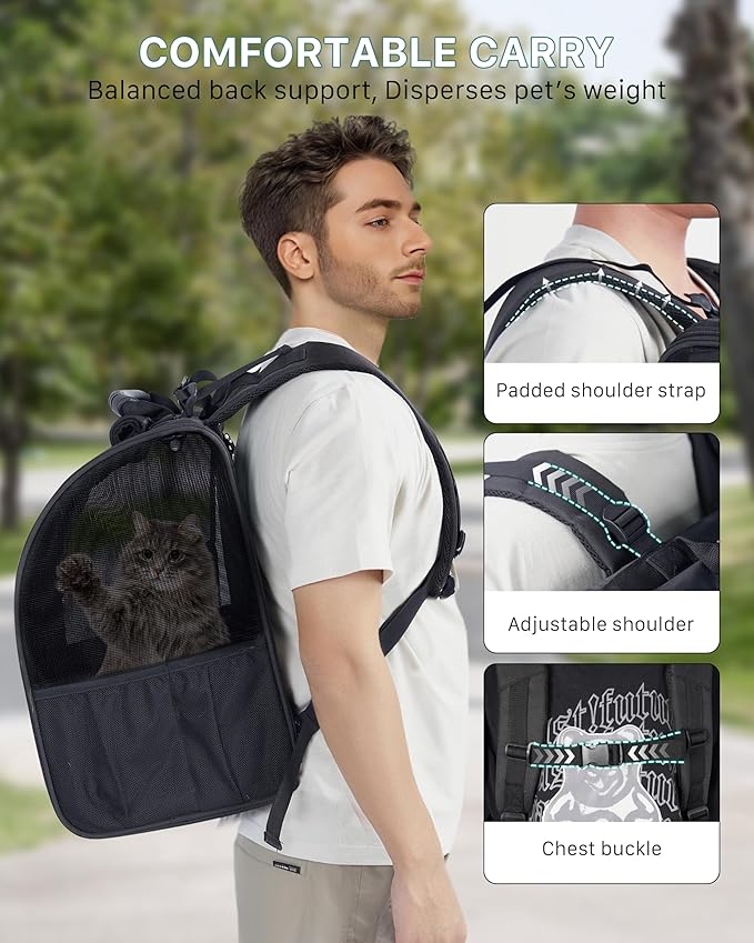 Cat Backpack Carrier with Comfort Handle, Ventilated Cat Backpack with Reflective Strips, Foldable Cat Carrying Backpack for Cats up to 17 lbs and Small Dogs up to 13 lbs(Black).