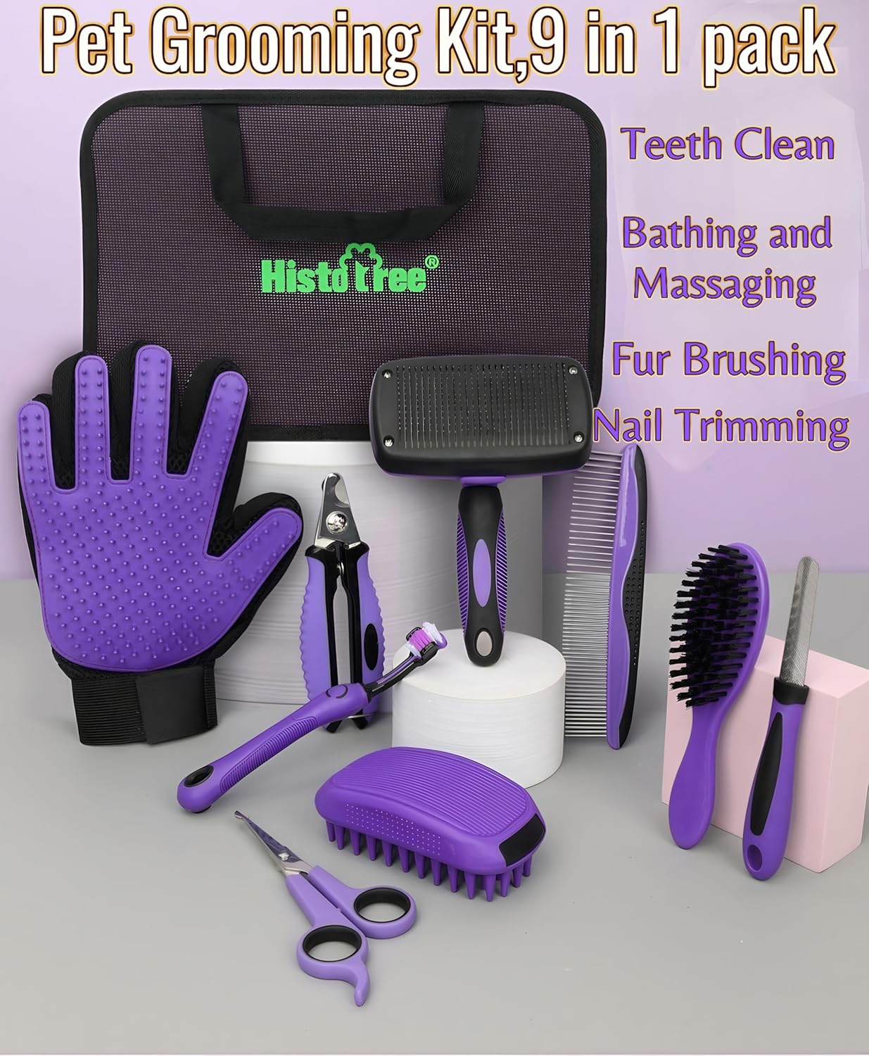 Pet Grooming Tools Kit-9 Packs Dog Cat Grooming Kit Dog Cat Grooming Supplies Dog Cat Brush Set Dog Nail Clippers and Cat Trimming Tools for Short and Long Hair Dog Cat Grooming