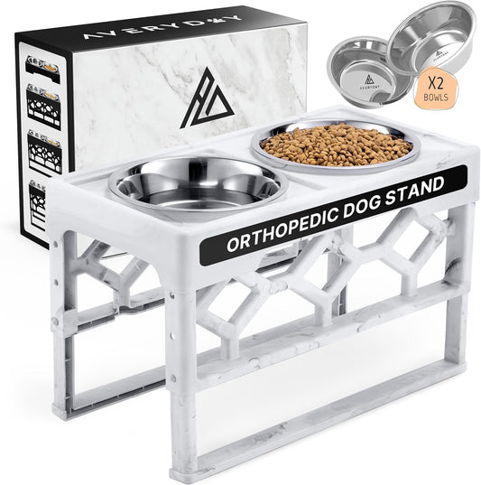 AVERYDAY Small Dog Bowls Elevated, 4 Height Adjustable Raised Dog Bowl Stand with 2 Stainless Steel Food and Water Bowls Set, Tall Dogs Feeding Station with Anti-Slip Base for Small Medium Breeds Dogs