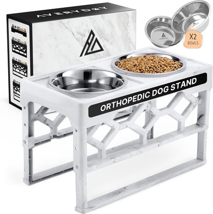 AVERYDAY Large Dog Bowls Elevated, 4 Height Adjustable Raised Dog Bowl Stand with 2 Stainless Steel Food and Water Bowls Set, Tall Dogs Feeding Station with Anti-Slip Base for Medium Large Breeds Dogs