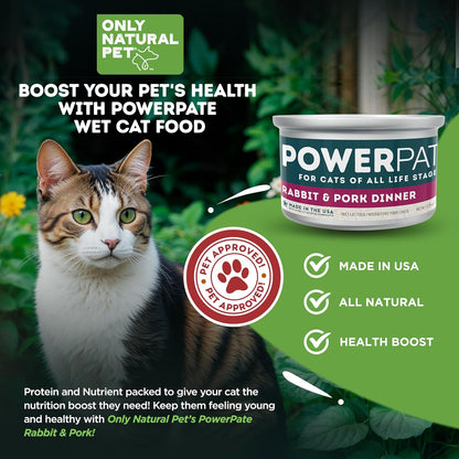 Only Natural Pet PowerPate Grain-Free Rabbit & Pork Wet Cat Food - High Protein, with Hydrating Broth - Healthy Balanced Nutrition for Kittens & Cats of All Life Stages, 2.75 oz Cans, Case of 12 (R)
