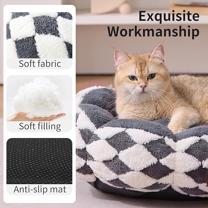 Large Cat Beds for Indoor Cat, Donut Dog Beds for Small Dog, Round Plush Puppy Bed for Kitten，Anti-Slip Bottom, Grey