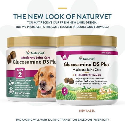 NaturVet – Glucosamine DS Plus - Level 2 Moderate Care – Supports Healthy Hip & Joint Function – Enhanced with Glucosamine, MSM & Chondroitin – for Dogs & Cats–120 Soft Chews