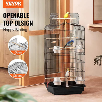 VEVOR 41-inch Open Top Large Parrot Bird Cage, Hanging Bird Cage for Parakeets Finches Canaries Lovebirds Cockatiels Budgies Small Quaker Conures Travel Pet Flight Birdcage with Swing and Perch