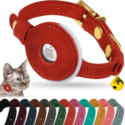 OOPSDOGGY Reflective Leather AirTag Cat Collar with Bell - Non Breakaway Adjustable Pet Collar with Apple Air Tag Holder - Lightweight GPS Kitten Collars for Small Dogs Puppy (Red)