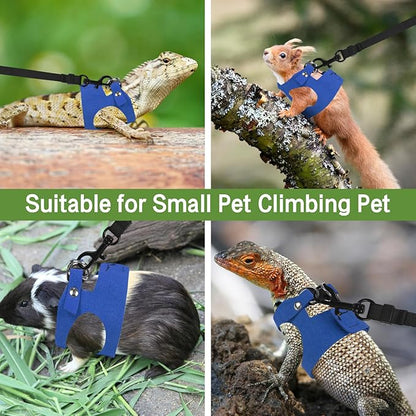 Bearded Dragon Harness Leash Set 3 Size Adjustable Lizards Training Walking Leather Vest Escape-Proof Traction Rope for Outdoor Small Reptiles Animal Squirrels (Blue)