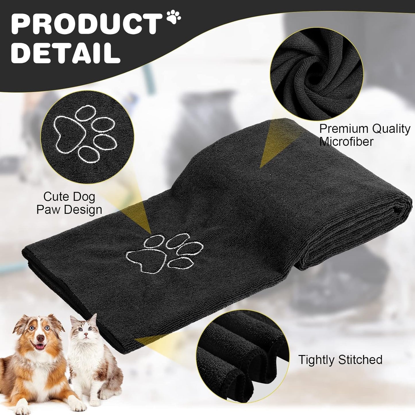 Chumia 4 Pack Dog Towels for Drying Large Microfiber Grooming Tools Absorbent Soft Bath Supplies with Embroidered Paw for Small Medium Pet Products(16 x 32 Inch,Black)
