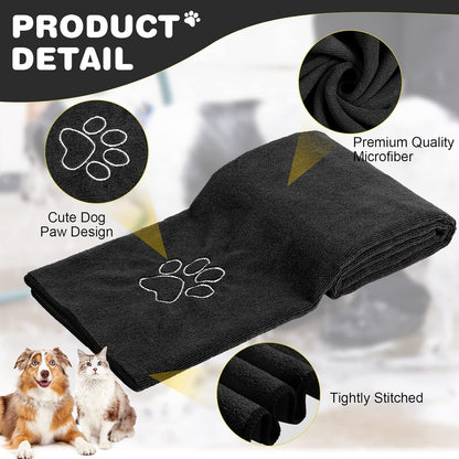 Chumia 4 Pack Dog Towels for Drying Large Microfiber Grooming Tools Absorbent Soft Bath Supplies with Embroidered Paw for Small Medium Pet Products(30 x 50 Inch,Black)