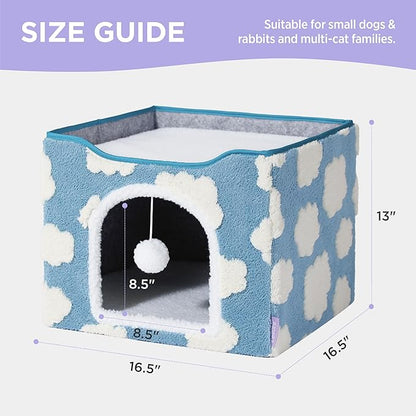 LE SURE Indoor Cat Beds Kitten House - Large Cat Cave for Pet Cube with Fluffy Ball Hanging, Foldable Small Aminal Hideaway, 17 Inches, Cozy Clouds Blue