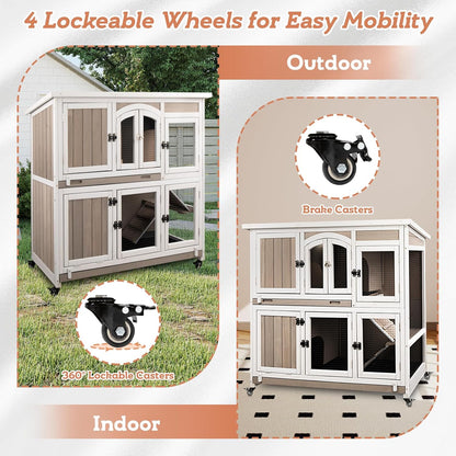 2 Story Large Rabbit Hutch Indoor with 2 Deeper Pull-Out Trays, Wooden Rabbit Cage with 4 Lockable Wheels, Ramp, Chew-Anti Metal Strip for Rabbit, Guinea Pig, Hamster(47" L x 18" W x 42" H)