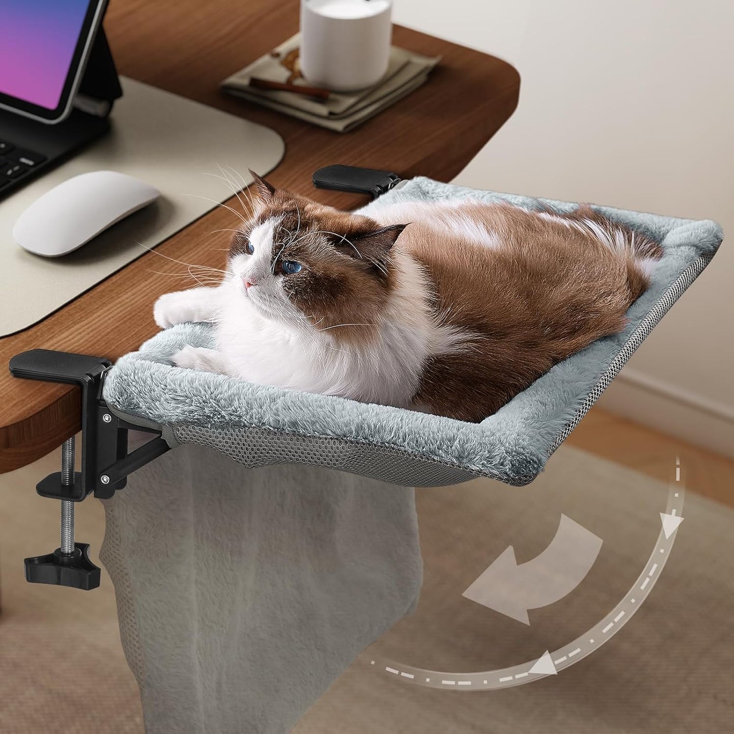 Cat Bed for Desk with Foldable & Sunken Design,Cozy Faux Rabbit Fur cat Desk Bed for Home Working&Gaming Play,Sturdy Framework Maximum Hold Up to 33lb