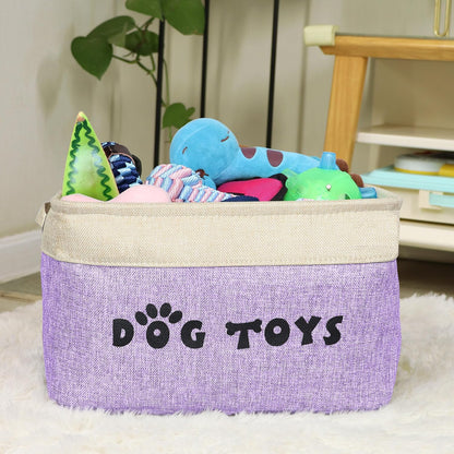 PET ARTIST Dog Toy Basket, Collapsible Dog Toy Bin Box with Comfortable Handles, Large Pet Toy Storage Basket Organizer for Accessories, Toys, Coat & Clothing, Blanket & Leash, Purple, 15"x11"x9"