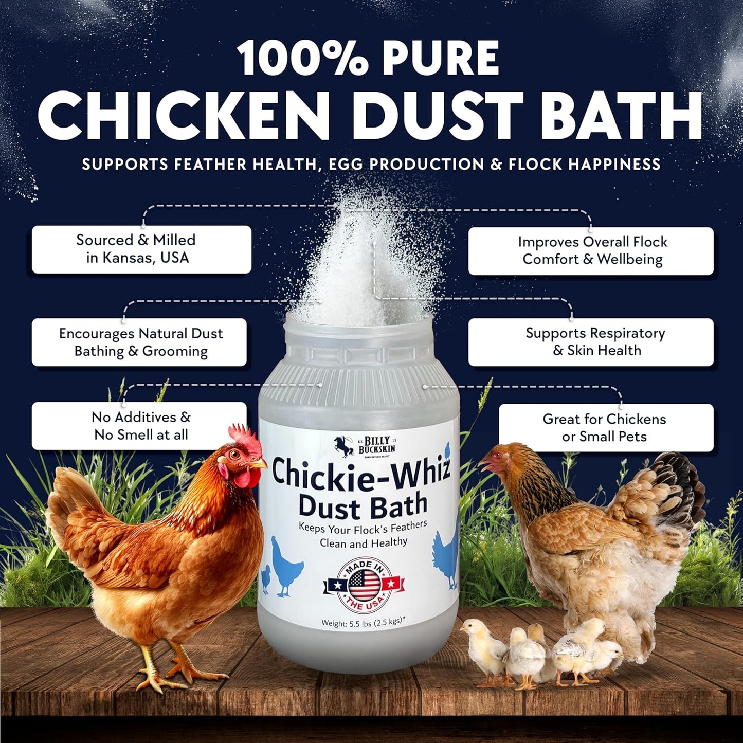 5.5lb Chickie-Whiz Chicken Dust Bath - Made in USA - All Natural Volcanic Ash Dust Bath for Chickens - Healthier Eggs & Feathers - Chicken Coop Accessories for Farms by Billy Buckskin Co.