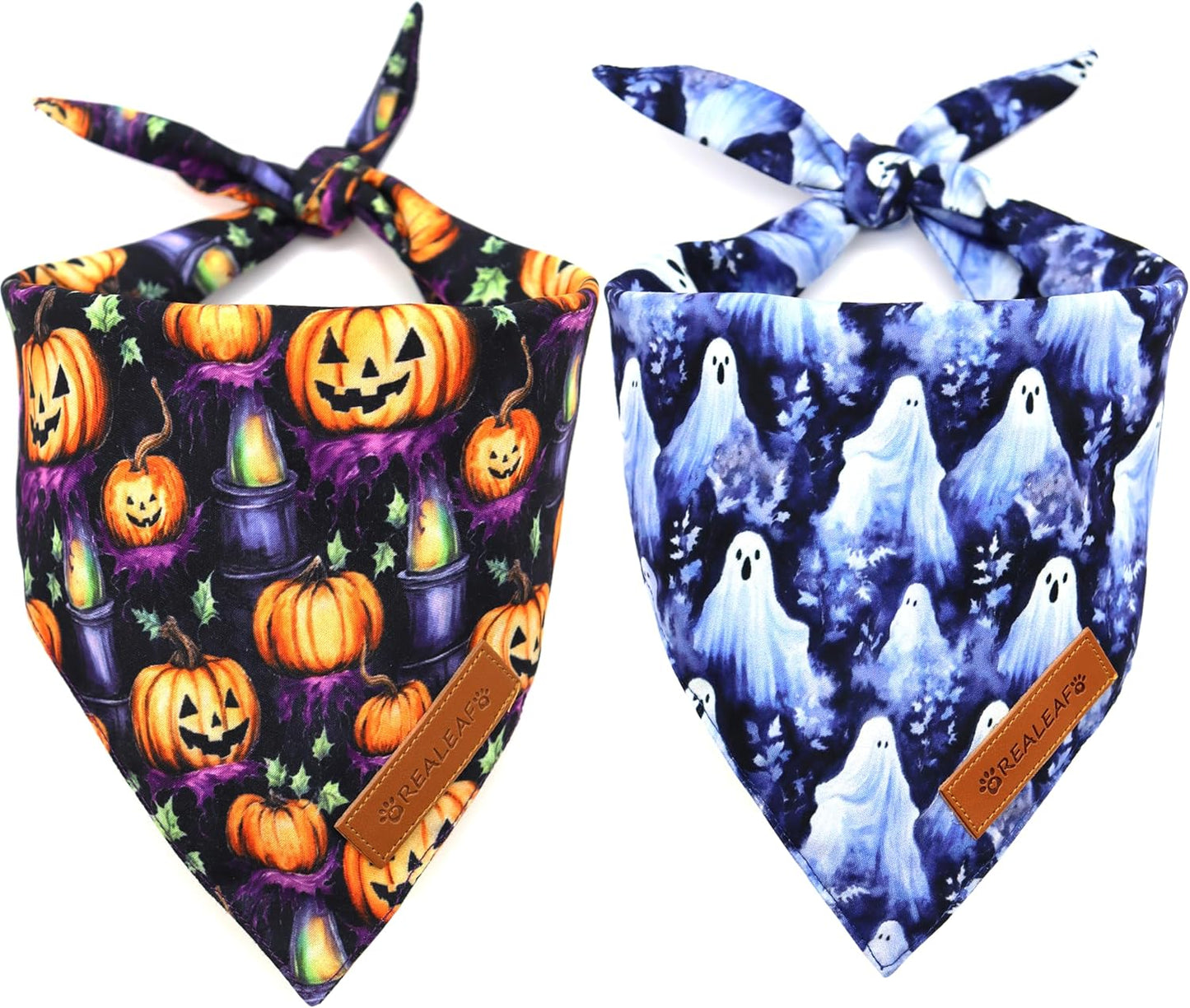 Realeaf Halloween Dog Bandanas 2 Pack, Pumpkins and Ghosts Pet Scarf for Boy and Girl, Premium Durable Fabric, Holiday Bandana for Small and Medium Dogs Pets (Small)