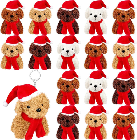 Fovths 16 Pieces 4.3 Inches Christmas Mini Plush Dogs Stuffed Animals with Santa Hat Scarf Keychain Cute Stuffed Puppy Toy Soft Stuffed Doll Goodie Bag Fillers for Christmas Party Favor, 4 Colors