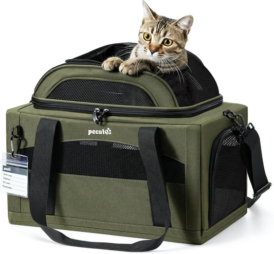 Pecute Expandable Pet Carrier Airline Approved Dog Cat Carrier, Breathable Soft-Sided with Locking Zippers, Pet Travel Bag for Small Dog Cat Leakproof Pee Pad (Dark Green)