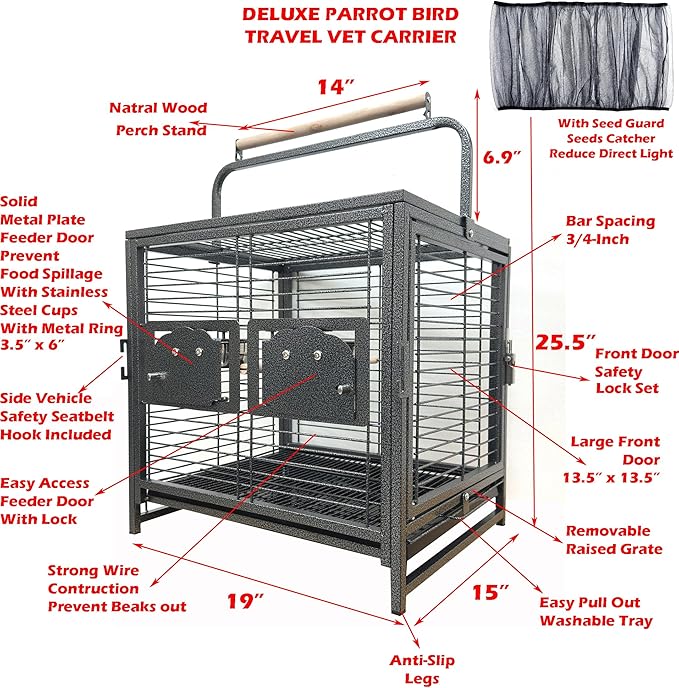 Deluxe Portable Wrought Iron Bird Travel Parrot Vet Carrier Cage Prevent Beaks Out Pet Products for Parrots Conures Cockatiel Amazon African Grey Prevent Beaks Out Include Cage Cover