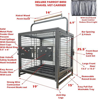 Deluxe Portable Wrought Iron Bird Travel Parrot Vet Carrier Cage Prevent Beaks Out Pet Products for Parrots Conures Cockatiel Amazon African Grey Prevent Beaks Out Include Cage Cover