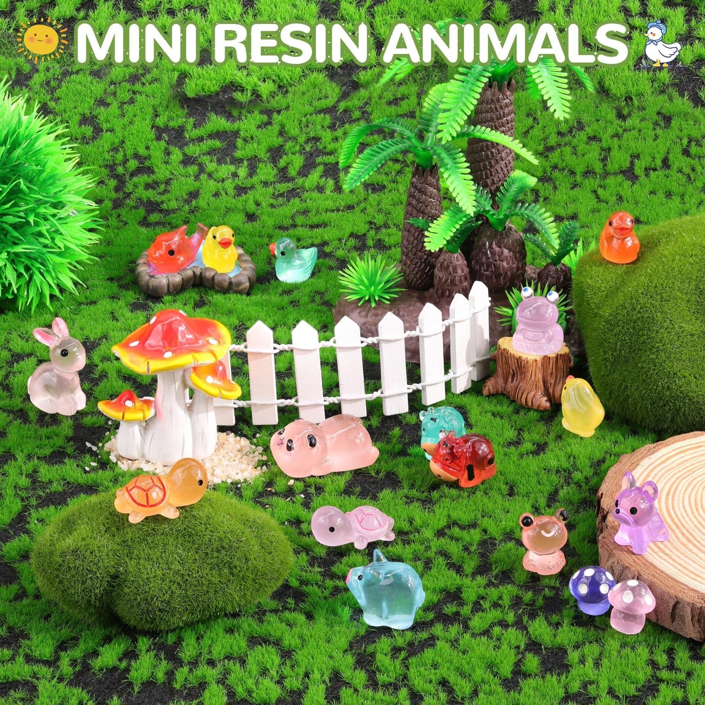 110PCS Mini Resin Animals Miniature Figures to Hide,Tiny Cute Figurines Glow in Dark, Little Animal Toys Small Accessories for Topper Desk Garden Dollhouse Landscape Aquarium Ornaments Crafts & Decor