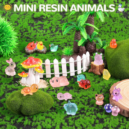 110PCS Mini Resin Animals Miniature Figures to Hide,Tiny Cute Figurines Glow in Dark, Little Animal Toys Small Accessories for Topper Desk Garden Dollhouse Landscape Aquarium Ornaments Crafts & Decor