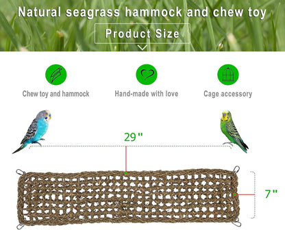 SIMENA Seagrass Mat for Birds, Natural Grass Woven Bird Net Hammock, Climbing Rope Ladder, Chew Toys for Parrots Lovebirds Cockatiels Conures Budgies, Cockatoos (Large)
