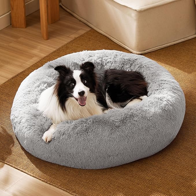 Bedsure Calming Dog Bed for Large Dogs - Donut Washable Large Pet Bed, 36 inches Anti-Slip Round Fluffy Plush Faux Fur Dog Bed, Fits up to 80 lbs Pets, Pale Grey