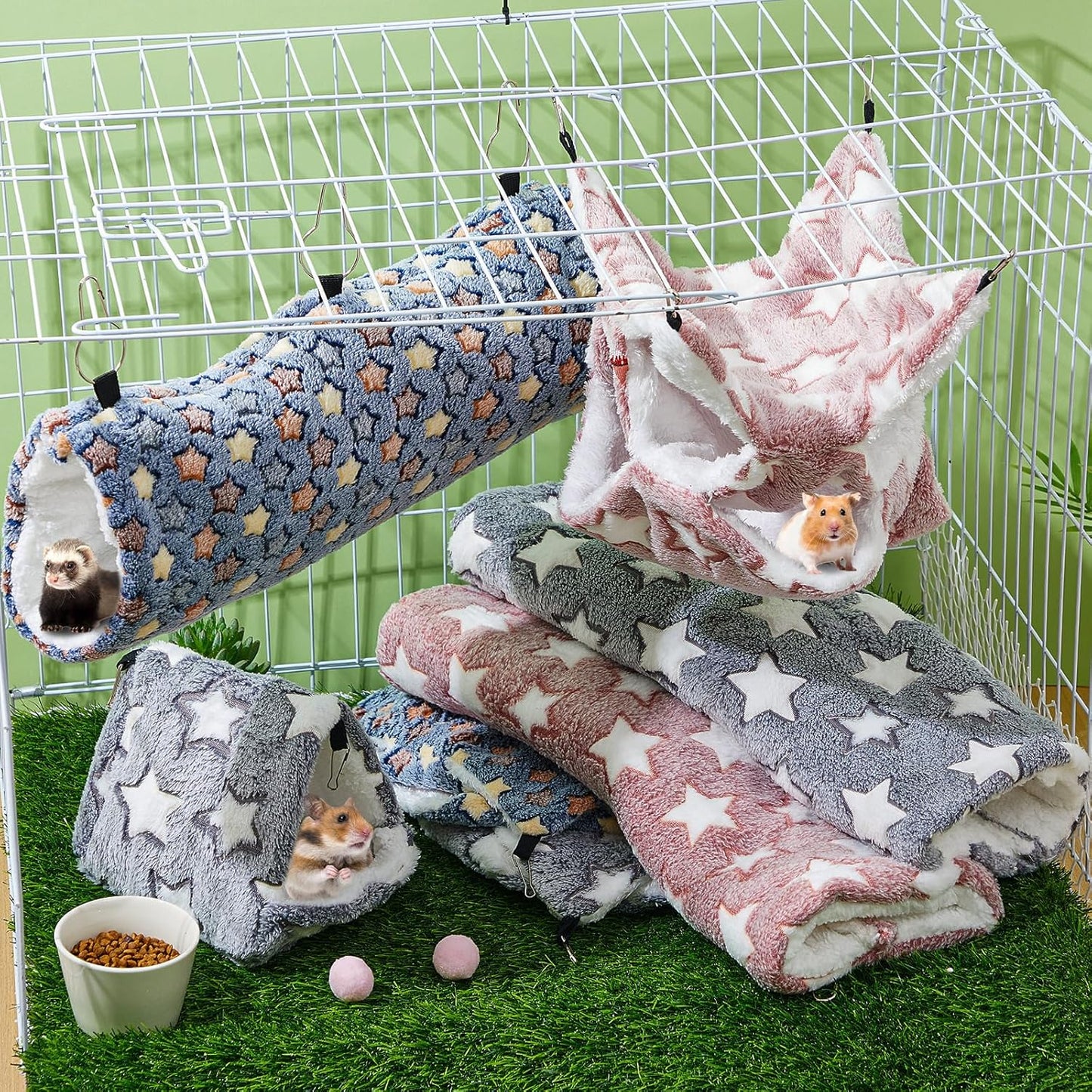 Abbylike 9 Pieces Rat Hammock 3 Tier Guinea Pig Ferret Hammocks Small Pet Hanging Tunnel Glider Toy Guinea Pig Ferret Hideout Bed Cage Accessories for Hamster(Navy,Grey,Pink,Star)