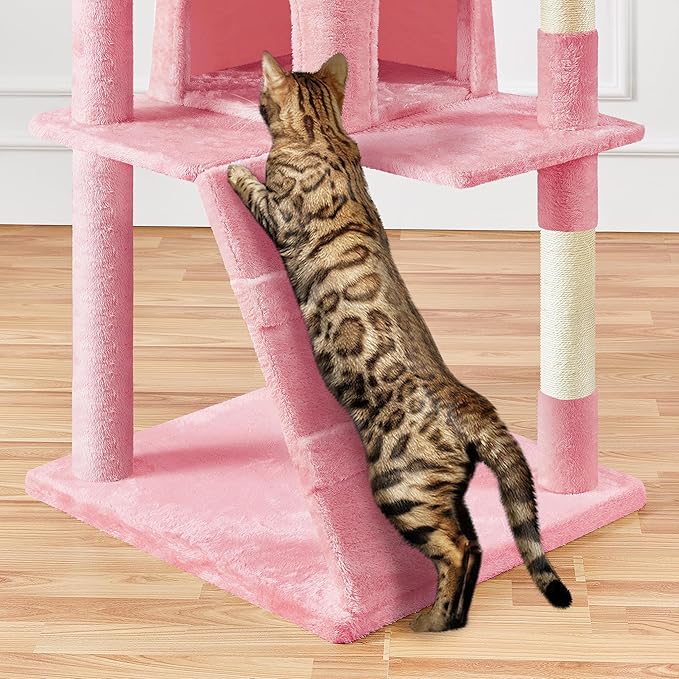 Yaheetech XL Cat Tree, 80in Multi-Level Cat Tower w/Scratching Posts, Double Condo, Perched Platforms and Dangling Balls, Pet Activity Center for Kittens Pets, Pink