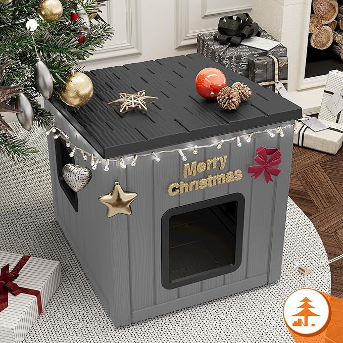 KAMABOKO Outdoor Cat House, Outside Multiple Kitty Feral Cat Houses, Weatherproof Shelter for Ferrel Cats and Dogs, Durable PP Material, Sloping Roof (Gray & Black)