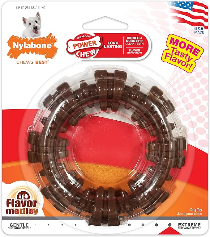 Nylabone Textured Ring Power Chew Toy for Small Dogs, Durable Dog Toys for Aggressive Chewers, Strong Dog Chew Bones To Keep Them Busy, Flavor Medley, Small - Up to 25 lbs, 1 Count