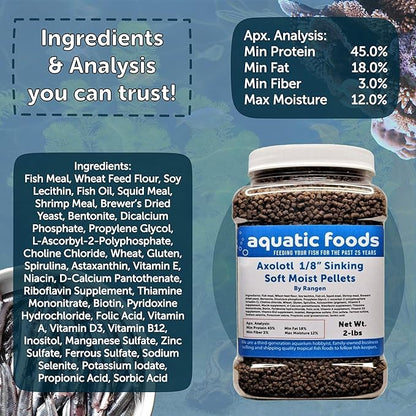 Aquatic Foods Inc. Axolotl Food, 1/8" Soft Moist Sinking Pellets, Rangen's Salmon Meal Pellets for Small Axolotl. Also Shrimp, Snails, Crabs, Bottom Fish, All Tropical Fish...11oz Small Jar