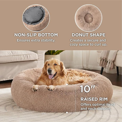 Bedsure Calming Dog Bed for Extra Large Dogs - Donut Washable Large Pet Bed, 45 inches Anti-Slip Round Fluffy Plush Faux Fur Dog Bed, Fits up to 120 lbs Pets, Camel