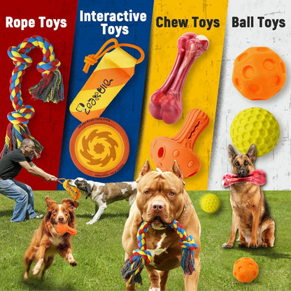Zeaxuie 12 Pack Heavy Duty Various Dog Chew Toys Pack for Aggressive Chewers - Includes Large Rope Toy, Squeaky Toys & Indestructible Chew Bone for Medium, Large & X-Large Dogs (for Super Chewers)