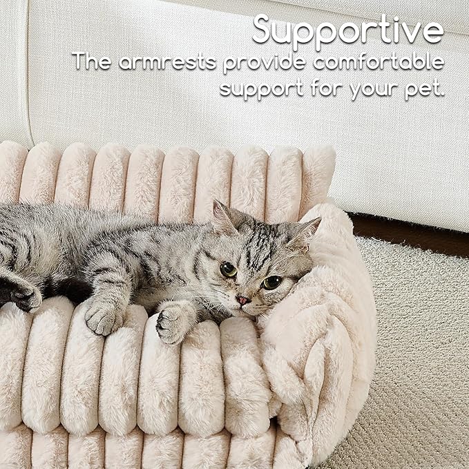 Hollypet Cat Bed Fluffy Plush Mutifuctional Double-Layer Soft Pet Couch Orthopedic Sofa Nest Beds for Small Cats and Dogs, Cream (21x15x8 inch)