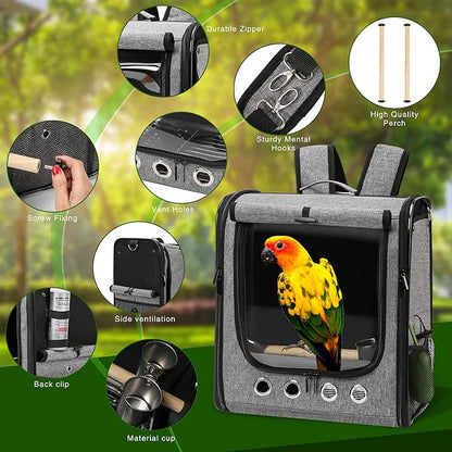 SUERTREE Bird Carrier Bag Bird Travel Cage with Stand, Lightweight Backpack for Parrot, Portable Bird Travel Bag, Pet Transparent Breathable Travel Cage (X-Large)