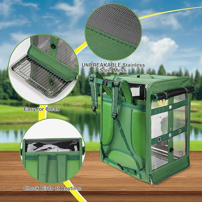Suertree Bird Carrier Travel Cage, Cockatoo Carrier, Parrot Travel Backpack with Unbreakable Stainless Steel Mesh, Perch, Water Bottle and Food Bowl, X-Large Green