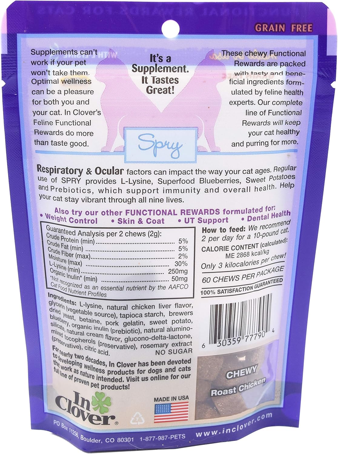 In Clover Spry Daily Respiratory and Ocular Support Soft Chews for Cats, with L-Lysine, Superfoods, and Prebiotics for a Strong Immune System, 2.1 oz. (60 count)