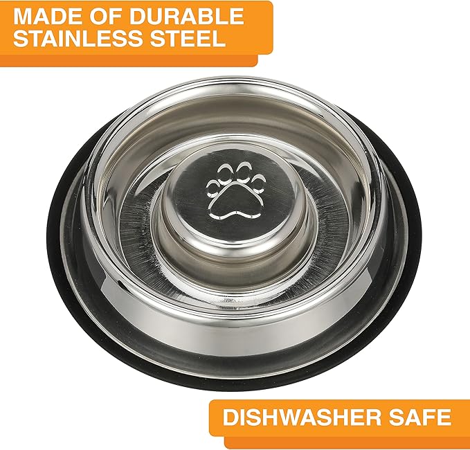 Neater Pet Brands Stainless Steel Slow Feed Bowl - Non-Tip & Non-Skid - Stops Dog Food Gulping, Bloat, Indigestion, and Rapid Eating (3 Cup)