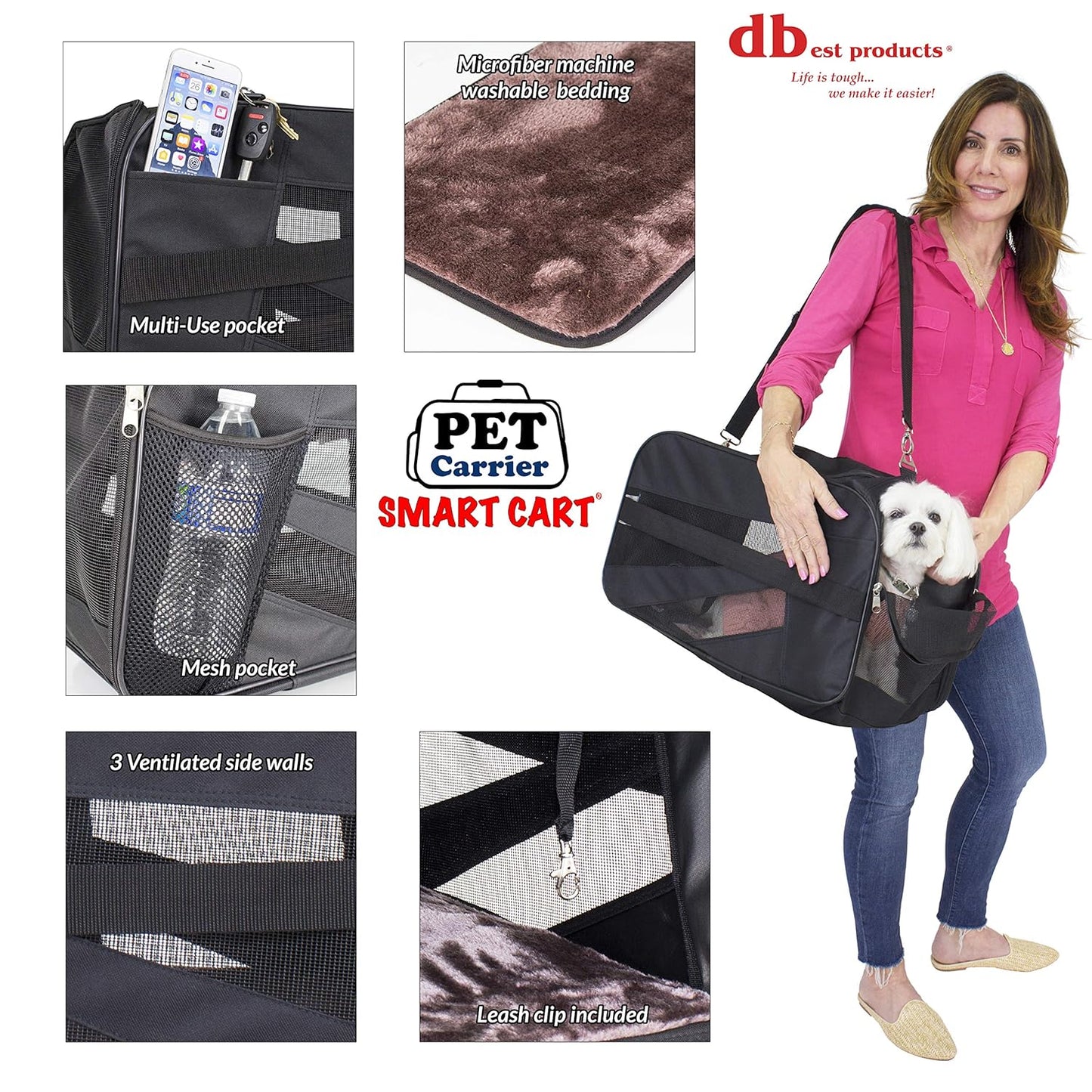 dbest products Pet Smart Cart Carrier, Medium, Black, Soft Sided Collapsible Folding Travel Bag, Dog Cat Airline Approved Tote Luggage Backpack