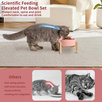 Elevated Ceramic Dog Bowl Set - Raised Feeding Bowls with Non-Slip Bamboo Stand - Small Pet Dishes for Food and Water - Ideal for Cats and Puppies - 16.23 OZ - 2 Cups - 480 ML