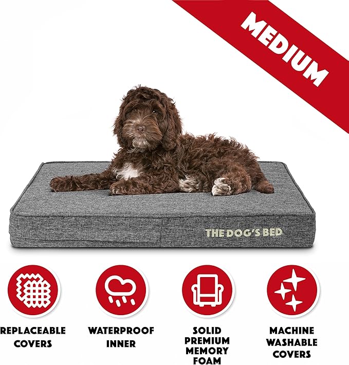 The Dog’s Bed Orthopedic Memory Foam Dog Bed, Medium Grey Poly-Linen, Pain Relief for Arthritis, Hip & Elbow Dysplasia, Post Surgery, Lameness, Supportive, Calming, Waterproof Washable Cover