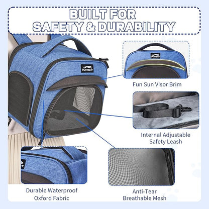 Small Pet Carrier, Breathable Collapsible Pet Bag with Safety Leash for Small Puppy, Kitten, Guinea Pig Weighing up to 8 Pounds Designed for Travel, Hiking, Walking and Outdoor Use, Blue