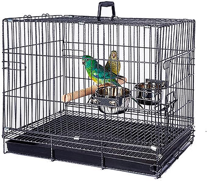 Metal Foldable Bird Parrot Travel Vet Carrier Cage with Wooden Perch and Stainless Steel Dishes Prevent Beaks Out
