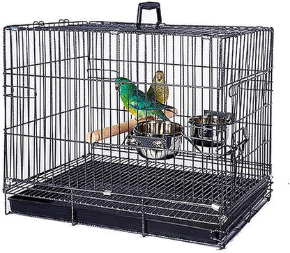 Metal Foldable Bird Parrot Travel Vet Carrier Cage with Wooden Perch and Stainless Steel Dishes Prevent Beaks Out